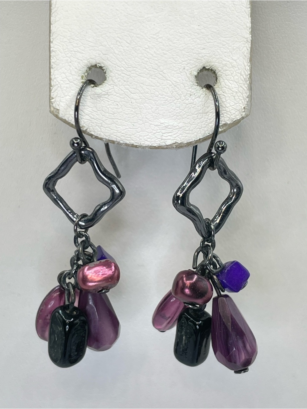 Purple Acrylic Bead Gunmetal Cluster Dangle Earrings Boho Statement